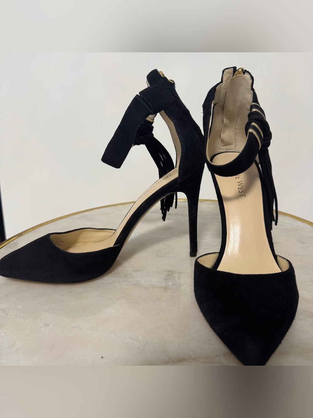 Nine West Black Suede Pointed-Toe Ankle Strap Heels with Tassel size 7.5